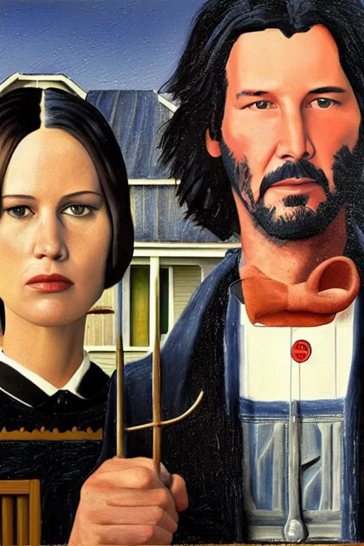 Image similar to painting of Keanu Reeves and Jennifer Lawrence as the couple in American Gothic in the style of Grant Wood