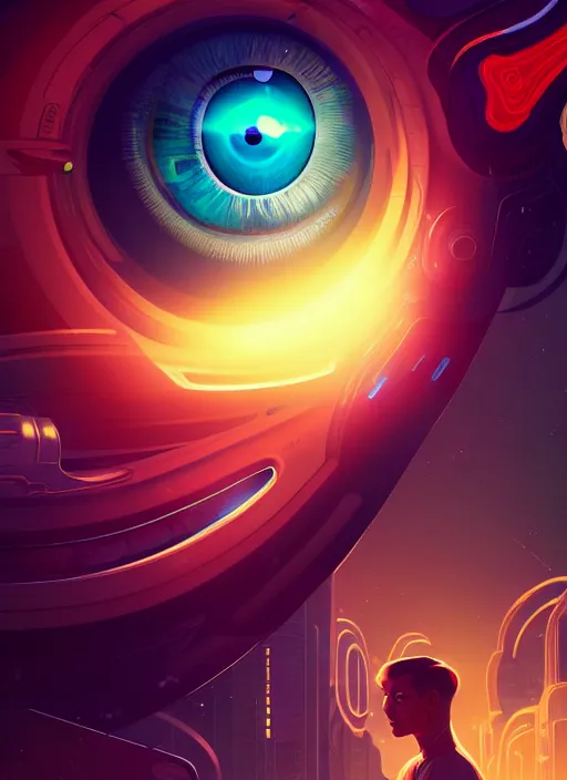 Prompt: retrofuturistic portrait of giant eye, space graphics art in background, close up, wlop, dan mumford, artgerm, liam brazier, peter mohrbacher, 8 k, raw, featured in artstation, octane render, cinematic, elegant, intricate, 8 k