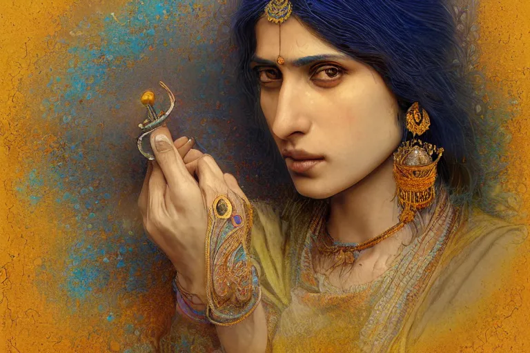 Image similar to an indian women getting water,digital painting, Pre-Raphaelites, highly detailed, concept art, smooth, sharp focus, gold and indigo, illustration, cinematic style, 35mm, art by Yoshitaka Amano