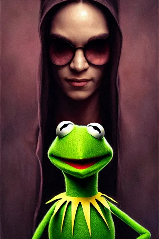 Image similar to kermit the frog as neo from the matrix, realistic portrait, symmetrical, highly detailed, digital painting, artstation, concept art, smooth, sharp focus, illustration, cinematic lighting, art by artgerm and greg rutkowski and alphonse mucha