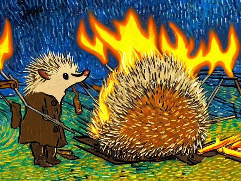 Image similar to a detailed painting of a hedgehog toasting marshmallows on a campfire by van gogh. Oil painting. Trending on artstation. 8k
