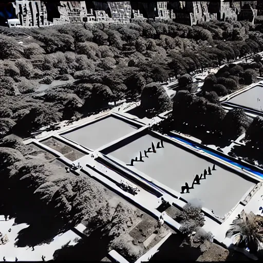 Prompt: egyptian excavation in central park new york drone footage shot on arri alexa flat light high detail blue sky desaturated