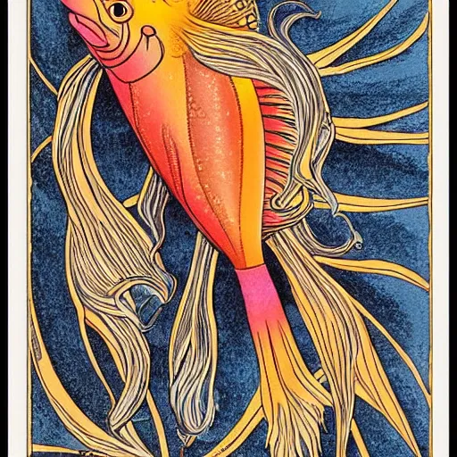 Image similar to A very detailed color illustration on paper of an Art Nouveau decorated fish