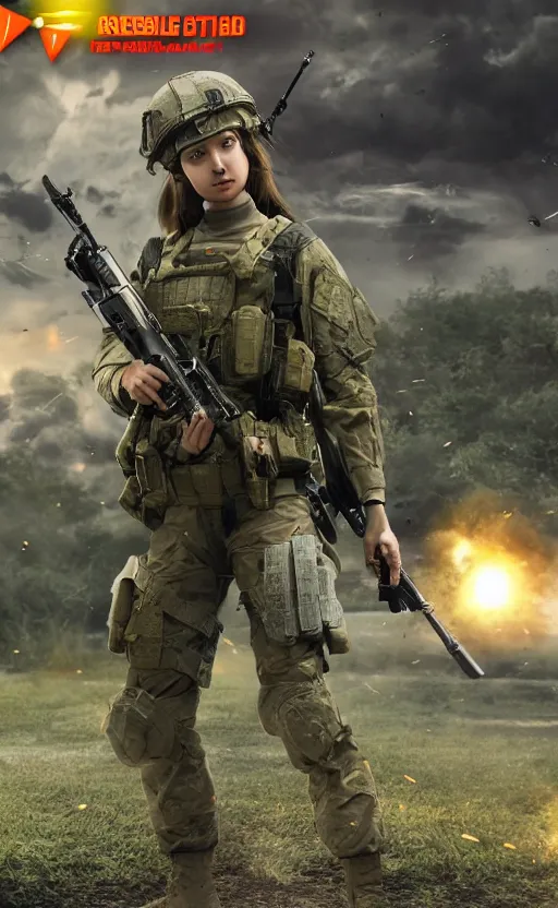 Prompt: girl, trading card front, future soldier clothing, future combat gear, realistic anatomy, war photo, professional, by ufotable anime studio, green screen, volumetric lights, stunning, military camp in the background, metal hard surfaces, generate realistic face