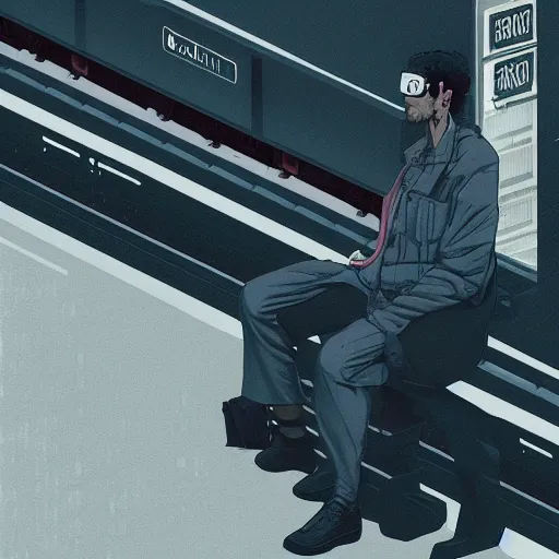 Image similar to a man waiting for a train at a train station, cyberpunk art by tomer hanuka, cgsociety, photorealism, matte drawing, digital illustration, digital painting