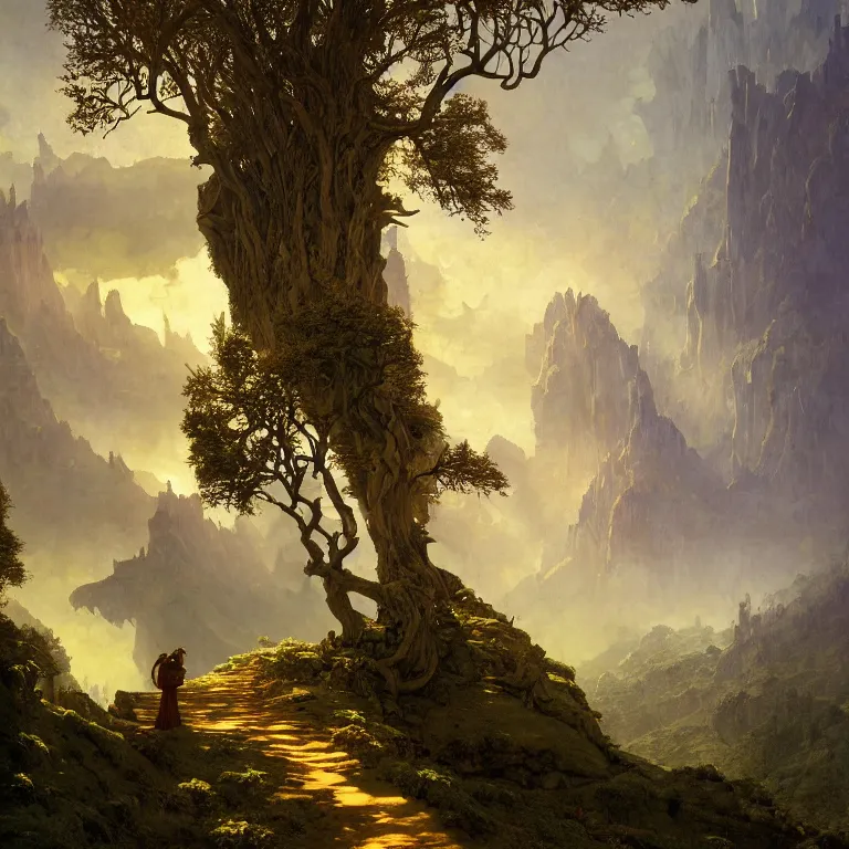 Prompt: a detailed landscape painting inspired by moebius and beksinski of a great forest with path and man with a cape over his head following the path. fantasy poster. cinematic fantasy scene. aurora lighting. fantasy. carl spitzweg. baroque elements. baroque element. intricate artwork by caravaggio. oil painting. award winning. dramatic. trending on artstation. 8 k