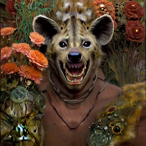 Prompt: portrait of a hyena gnoll as a florist. shadowrun furaffiniy cyberpunk fantasy highly detailed painting by gaston bussiere craig mullins jc leyendecker gustav klimt artgerm greg rutkowski john berkey, bergey, craig mullins, ruan jia, raymond swanland, jeremy mann, tom lovell, alex malveda