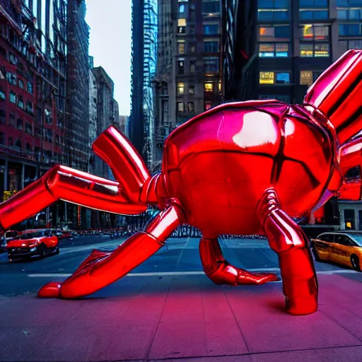 Prompt: an street photograph of a giant metallic red lobster sculpture in the center of a new york street, a large crowd have gathered, by Claes Oldenburg and jeff koons, pop art, reflections, 3D render, Volumetric dynamic lighting, Highly Detailed, Cinematic Lighting, Unreal Engine, 8k, HD