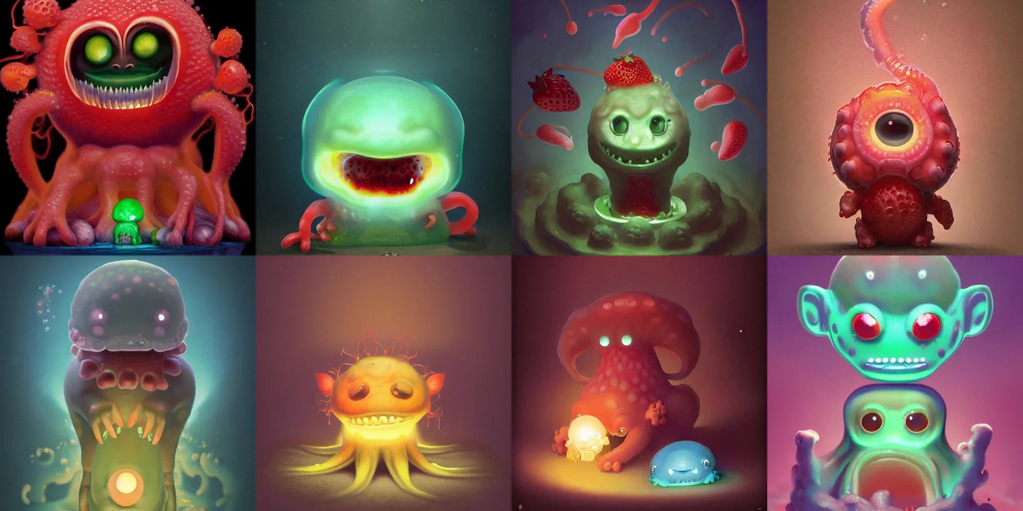 Prompt: cute! awwh! baby lava lamp strawberry jelly fish, SSS, wrinkles, grin, rimlight, dancing, fighting, bioluminescent screaming pictoplasma characterdesign toydesign toy monster creature, artstation, cg society, by greg rutkowski, by William-Adolphe Bouguereau, by zdzisław beksiński, by Peter mohrbacher, by nate hallinan, 8k