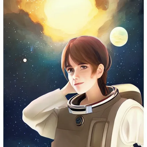 Image similar to emma watson light novel illustration as an astronaut by makoto shinkai