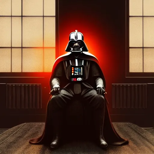 Prompt: darth vader sitting in a chair in his living room with sunlight pouring in through a window, portrait, fantasy, beautiful face, vivid colors, elegant, concept art, sharp focus, digital art, hyper - realistic, 4 k, unreal engine, highly detailed, hd, dramatic lighting by brom, trending on artstation