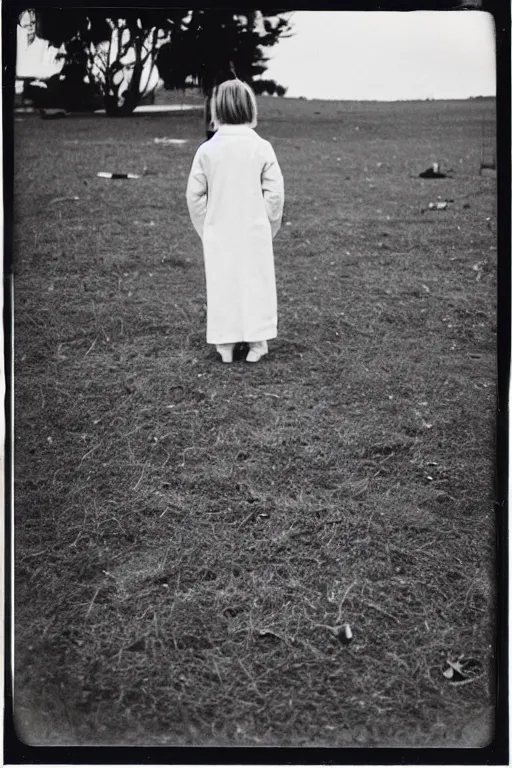 Image similar to photo polaroid of a sad and lonely child in a white coat and barefoot stands in the middle from behind the camera many big tents of field hospitals, pandemic, covid, loneliness, black and white ,photorealistic, 35mm film,