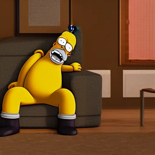 Image similar to octane render of homer simpson sitting on a couch, 8 k, very detailed, very intricate,