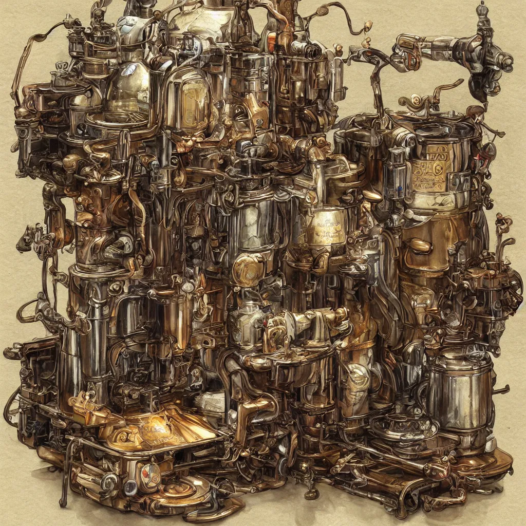 Prompt: highly detailed illustration of an ancient coffee machine, by Simon Stalenhaag, by Yoshita Amano, by Esao Andrews, sharp focus, fresh colors, conceptart, trending on artstation