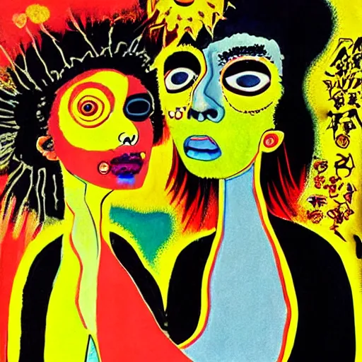 Image similar to beautiful painting of two bizarre psychedelic women kissing each other closeup in tokyo, speculative evolution, mixed media collage by basquiat and junji ito, magazine collage art, paper collage art, sapphic art, lesbian art