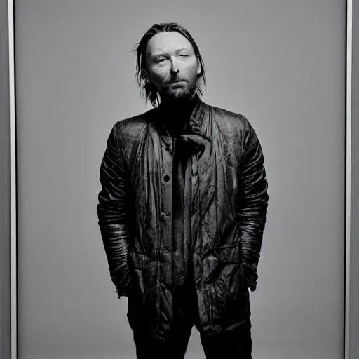 Image similar to Thom Yorke, a man with a beard and a black jacket, a portrait by John E. Berninger, dribble, neo-expressionism, uhd image, studio portrait, 1990s