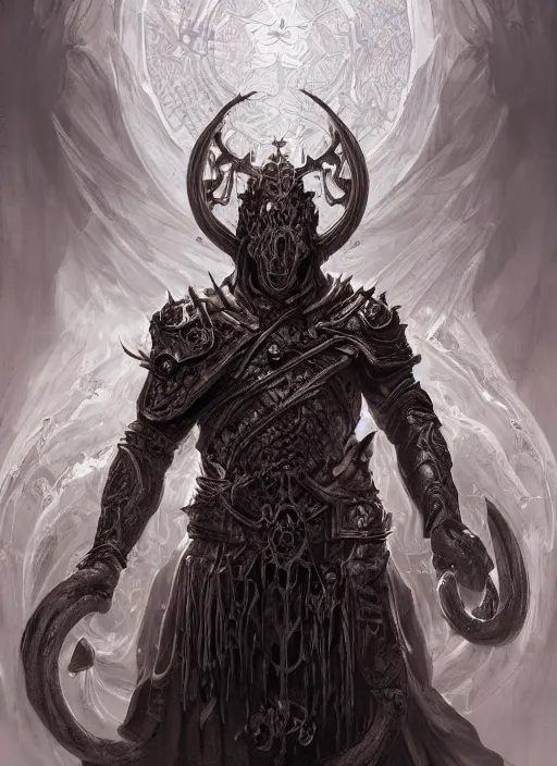 Prompt: full portrait of priest - king of the old gods, black metal shiny skin. intricate, elegant, highly detailed, centered, digital painting, artstation, concept art, smooth, sharp focus, illustration, artgerm, joseph christian leyendecker, wlop, frank frazetta