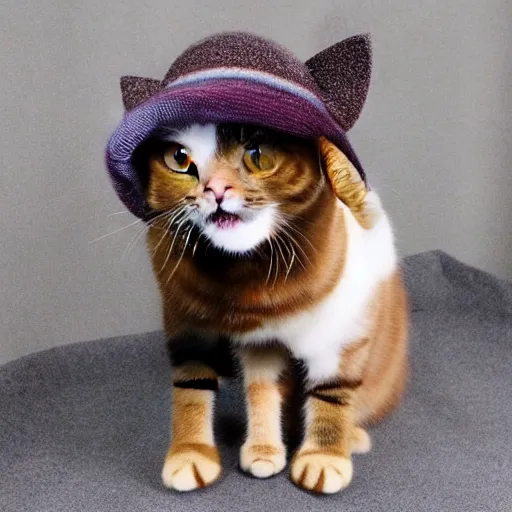 Image similar to cute cat photo wearing wool hat doing mlem cat ears