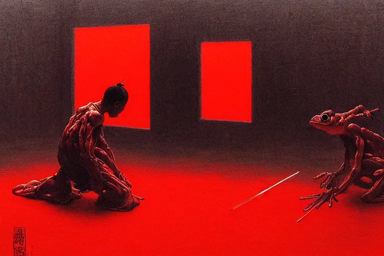 Image similar to only with red, a red samurai do seppuku, tokio, a lot of frogs watch, in the style of beksinski, parts by edward hopper, parts by rodcenko, parts by yue minjun, intricate and epic composition, red by caravaggio, insanely quality, highly detailed, masterpiece, red light, artstation, 4 k