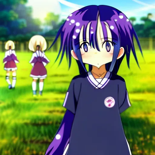 Prompt: A cute little anime girl with long indigo colored hair, wearing a school soccer uniform, in a large grassy green field, petting a cat, shining golden hour, she has detailed black and purple anime eyes, extremely detailed cute anime girl face, she is happy, child like, Japanese shrine in the background, Higurashi, black anime pupils in her eyes, Haruhi Suzumiya, Umineko, Lucky Star, K-On, Kyoto Animation