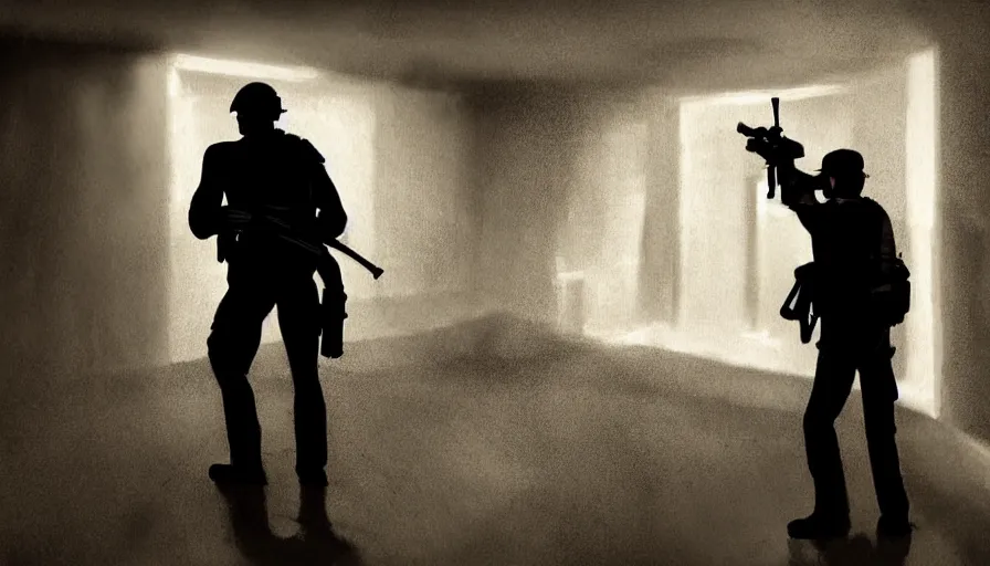 Image similar to man with riflegun and flashlight walking into a dark white dirty corridor, dust on the floor, tags on the wall, darkness, flashlight, hyperdetailed, artstation, cgsociety, 8 k