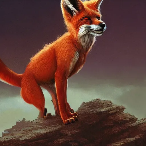 Image similar to Red Puma Fox Beast Chimera Hybrid collar wearing feather crest paws fingernails whiskers snacks tail eyes furry fuzzy standing atop grand canyon greg rutkowski greg danton tony sart raymond swanland chris foss chris cold christophe norman rockwell young acrylic 4k artstation wikiart wikipedia realism tilt-shift aspca adoption research