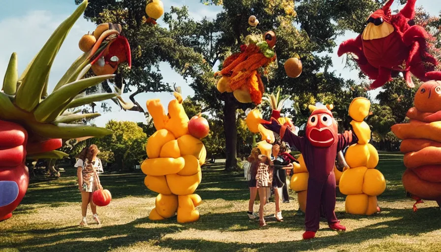 Prompt: 1990s candid photo of a beautiful day at the park, cinematic lighting, cinematic look, golden hour, costumed fruit mascot people coming out of a portal, Enormous personified fruit people with outstandingly happy faces coming out of a portal and talking to families, UHD