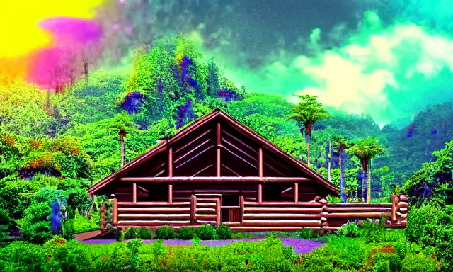 Image similar to Log Cabin in a vaporwave jungle, 4k Photograph