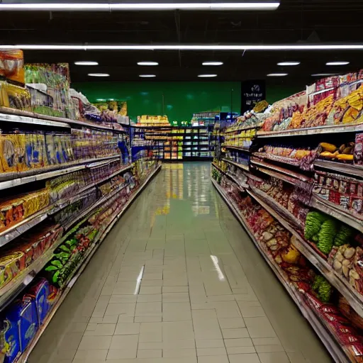 Image similar to photo of a grocery store interior, the floor is flooded with one meter deep water. eerie, volumetric lighting. highly - detailed 4 k