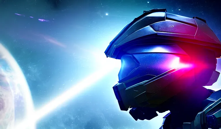 Image similar to cyberpunk halo helmet floating in space with reflections, epic, dramatic, photorealistic, award winning, 8k,