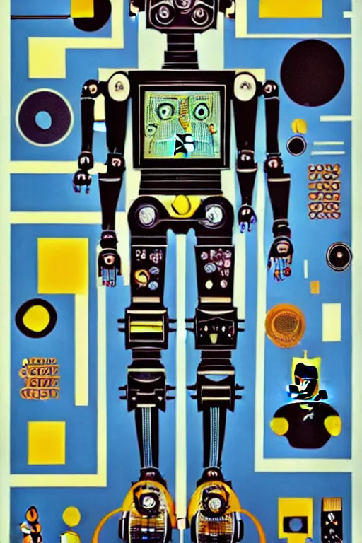 Image similar to a diagram of a robot body with various parts, cyberpunk art by eduardo paolozzi, behance contest winner, computer art, greeble, steampunk, poster art, james turrell, robert rauschenberg, andy warhol, pop art, czechoslovakia, surrealism, milton glaser, graphic design