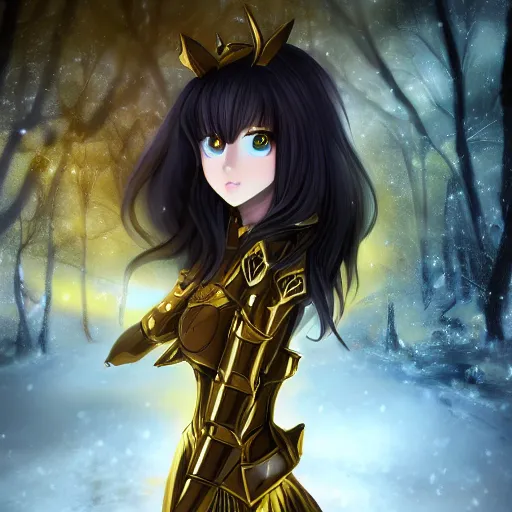 Prompt: focus face portrait of beautiful darkness knight 3D anime girl, golden armor wearing, dark forest background, snowing, bokeh, inspired by Masami Kurumada, digital painting, high contrast, unreal engine render, volumetric lighting, high détail