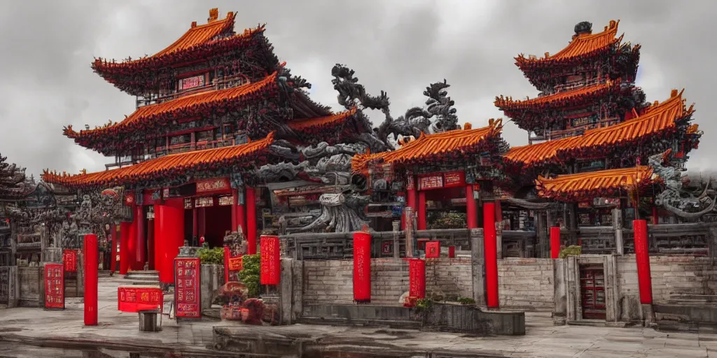 Image similar to a cyberpunk style chinese temple, detailed, atmospheric, 8 k