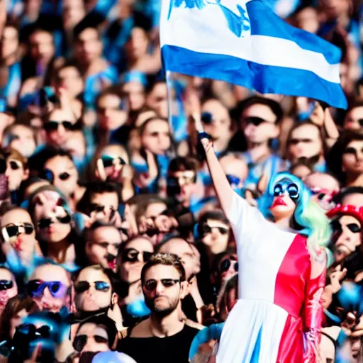 Prompt: lady Gaga, detailed face, waving a flag of Argentina, crowd behind, flags of Argentina behind, detailed, bokeh