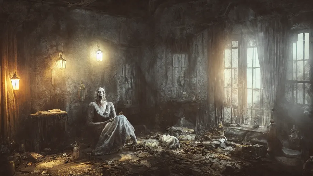 Image similar to a witch with white eyes sitting in the shadows on the inside of a decrepit cottage at night, highly detailed interior, by Bastien LeCouffe-Deharme, hyperrealistic, Cryengine 8k UHD