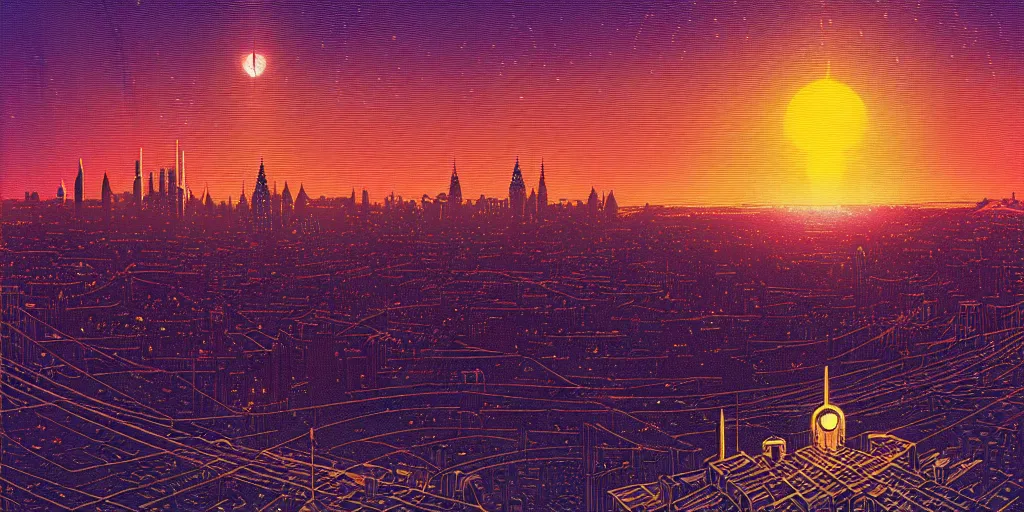 Image similar to A light blue star sinking behind a modern city skyline by Dan Mumford and Dean Ellis and John Atkinson Grimshaw and Anton Fadeev, sunset, purple sky, art nouveau