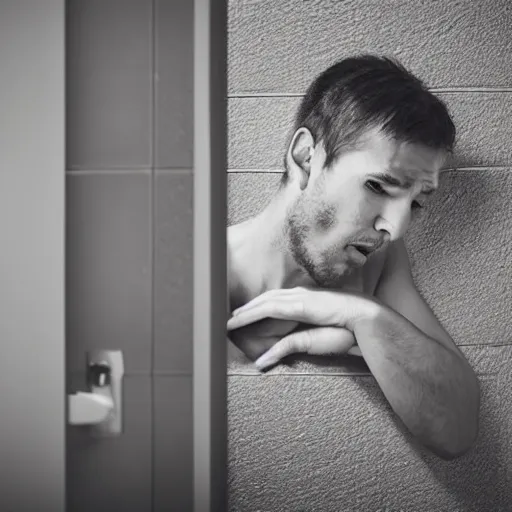 Prompt: man with agonizing face paces past bathroom stall, diarrhea, IBS, stock photo, istockphoto, 4k