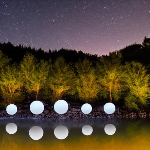 Image similar to glowing orbs over a lake in the night, wet rocks