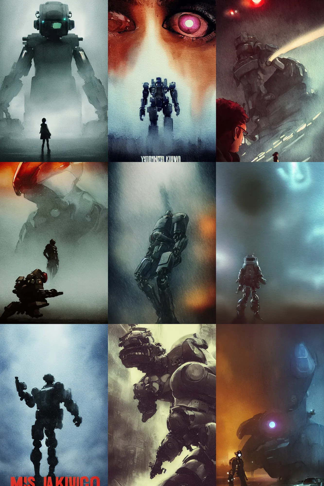 Prompt: incredible movie poster, simple watercolor, fish eye lens, curvilinear perspective, yoji shinkawa, kastuhiro otomo, giant robot in the fog,foggy heavy rain, downpour, movie scene close up emotional miss Kusanagi, foggy lights, brown mud, dust, giant whale tank with legs, robot arm, emotional face shot ,light rain, glowing atari sign, japanese advertisements on buildings, hd, 4k, remaster, dynamic camera angle, deep 3 point perspective, fish eye, dynamic scene