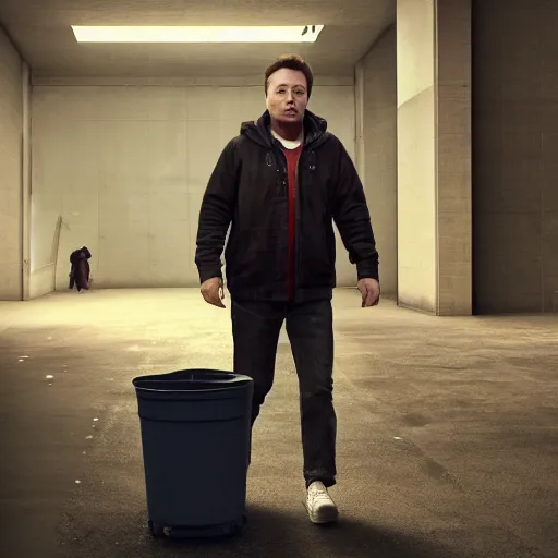 Image similar to portrait of elon musk as a homeless person carrying garbage can, ultra realistic photography, highly detailed, photorealistic, octane render, 8 k, unreal engine