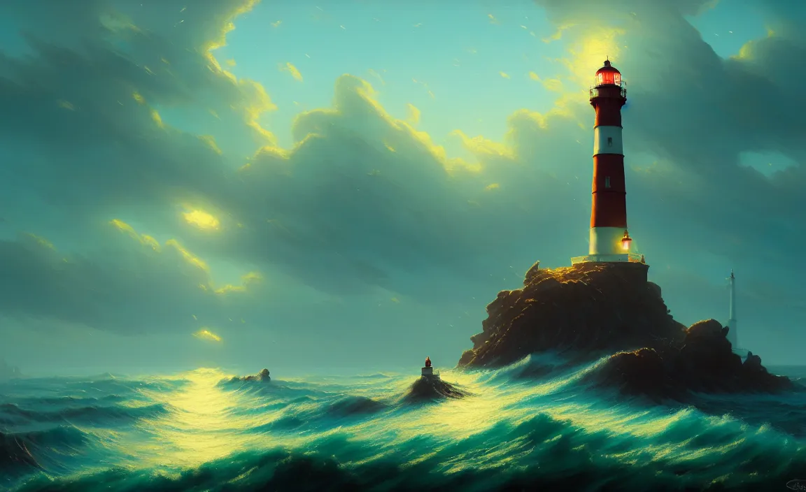 Prompt: a beautiful painting of a singular lighthouse, shining its light across a tumultuous sea of teal and aqua blood by greg rutkowski and thomas kinkade, trending on artstation.