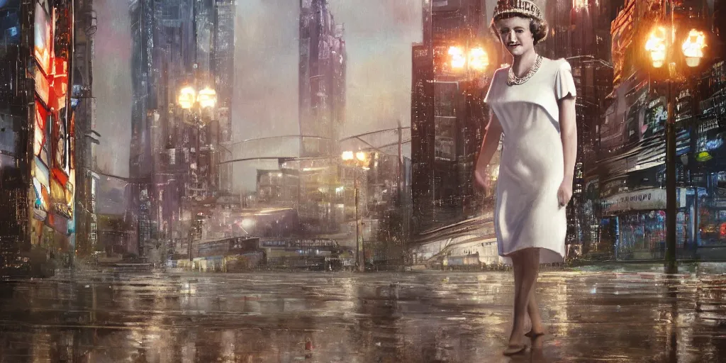 Image similar to ultra realistic painting of a young queen elizabeth ii in the 1 9 8 9 city of tacoma, wearing a wet white short dress, looking into the camera with a smirk while running in a cyberpunk city, art by ross draws, 4 k, ultra realistic, highly detailed, epic lighting