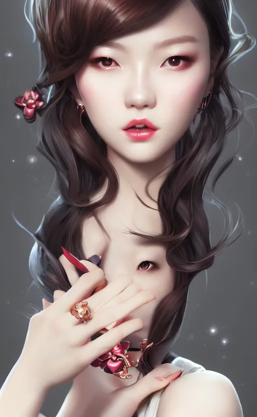 Image similar to a pin up and beautiful fashion charming dreamlke korea girl with lv jewelry, character art, art by artgerm lau and kyoung hwan kim and and ilya kuvshinov and john singer sargent, hyperdetailed, 8 k realistic, symmetrical, frostbite 3 engine, cryengine, dof, trending on artstation, digital art