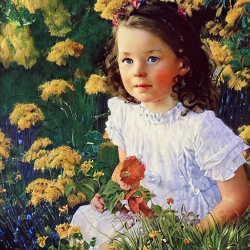 Image similar to a little girl with wavy light brown hair and blue eyes in a beautiful garden. beautiful painting by norman rockwell and raymond swanland, beautiful detailed face.