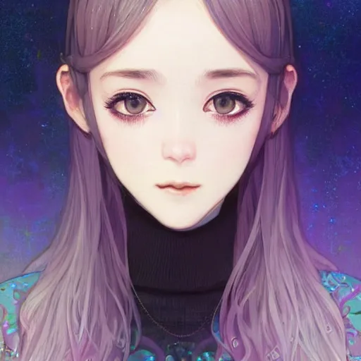 Prompt: beautifully pretty stoner girl, black sweater, grey skirt, red eyes, glittery short black hair, blue eyes, universal volumetric lighting, soft glow, by ilya kuvshinov, claude monet, range murata, artgerm, norman rockwell, alphonse mucha, highly detailed intricately sharp focus, trending on pinterest, unreal engine 5 4 k uhd image