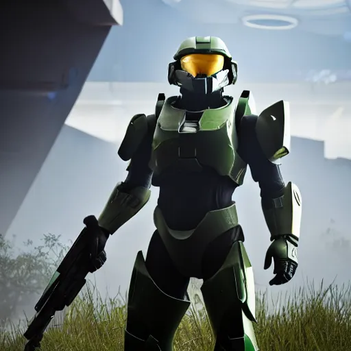 Image similar to master chief in destiny 2, highly detailed, extremely high quality, hd, 4 k, 8 k, canon 3 0 0 mm, professional photographer, 4 0 mp, lifelike, top - rated, award winning, realistic, detailed lighting, detailed shadows, sharp, no blur, edited, corrected, trending