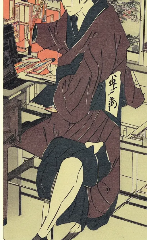 Prompt: by akio watanabe, manga art, male calligrapher studying, kimono, vintage desk, traditional colors, trading card front, realistic anatomy