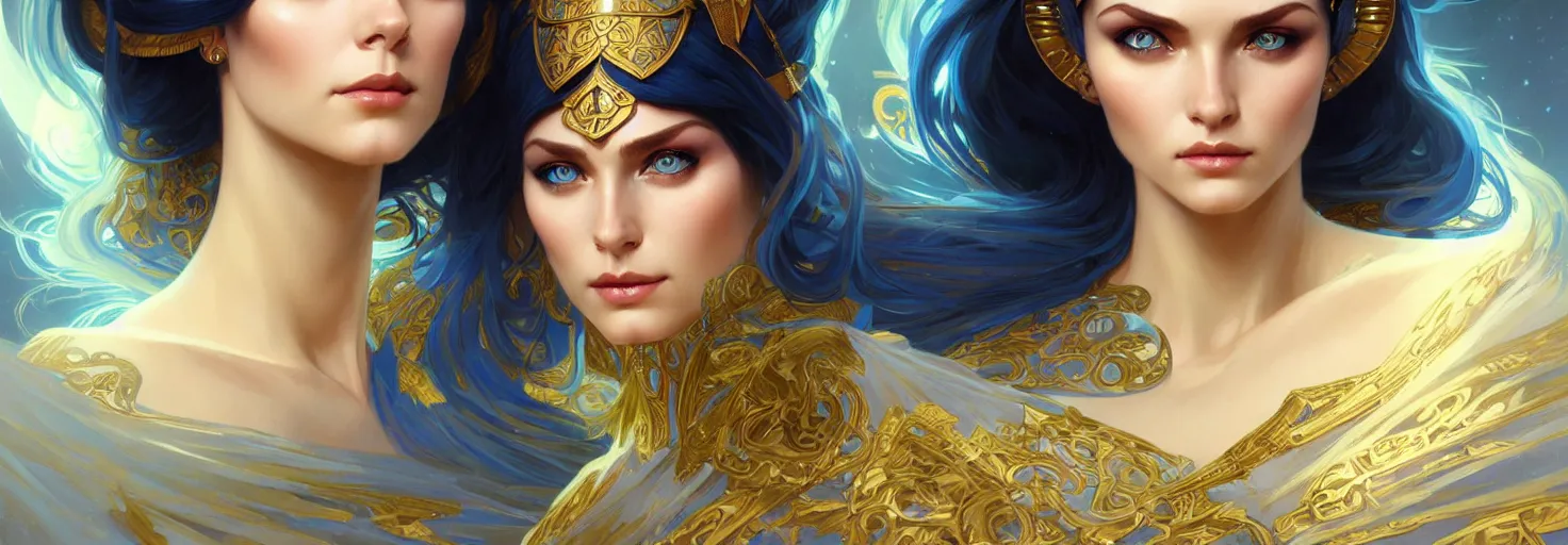 Image similar to fantasy magic woman portrait, blue eyes, face, cleopatra hair, astral, intricate, elegant, highly detailed, digital painting, artstation, concept art, smooth, sharp focus, illustration, art by artgerm and greg rutkowski and alphonse mucha