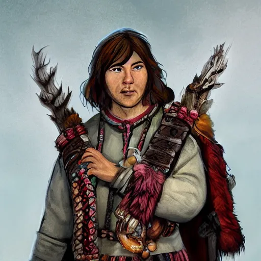 Prompt: head and shoulders character portrait of Bjørn, a young travelling shaman wearing bandoliers festooned with amulets and trinkets and a bearskin cloak. D&D character art.