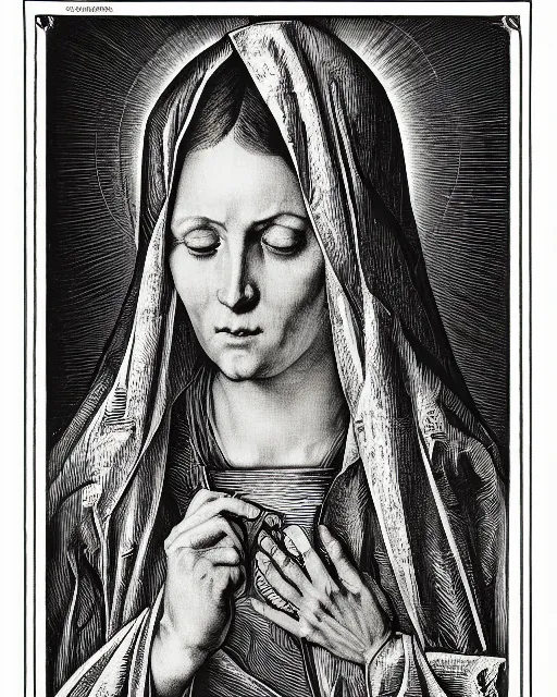 Image similar to an engraving portrait of mary mother of christ, by albrecht durer and virgil finlay, intricate details, fine inking lines, hd, 4 k, photorealistic